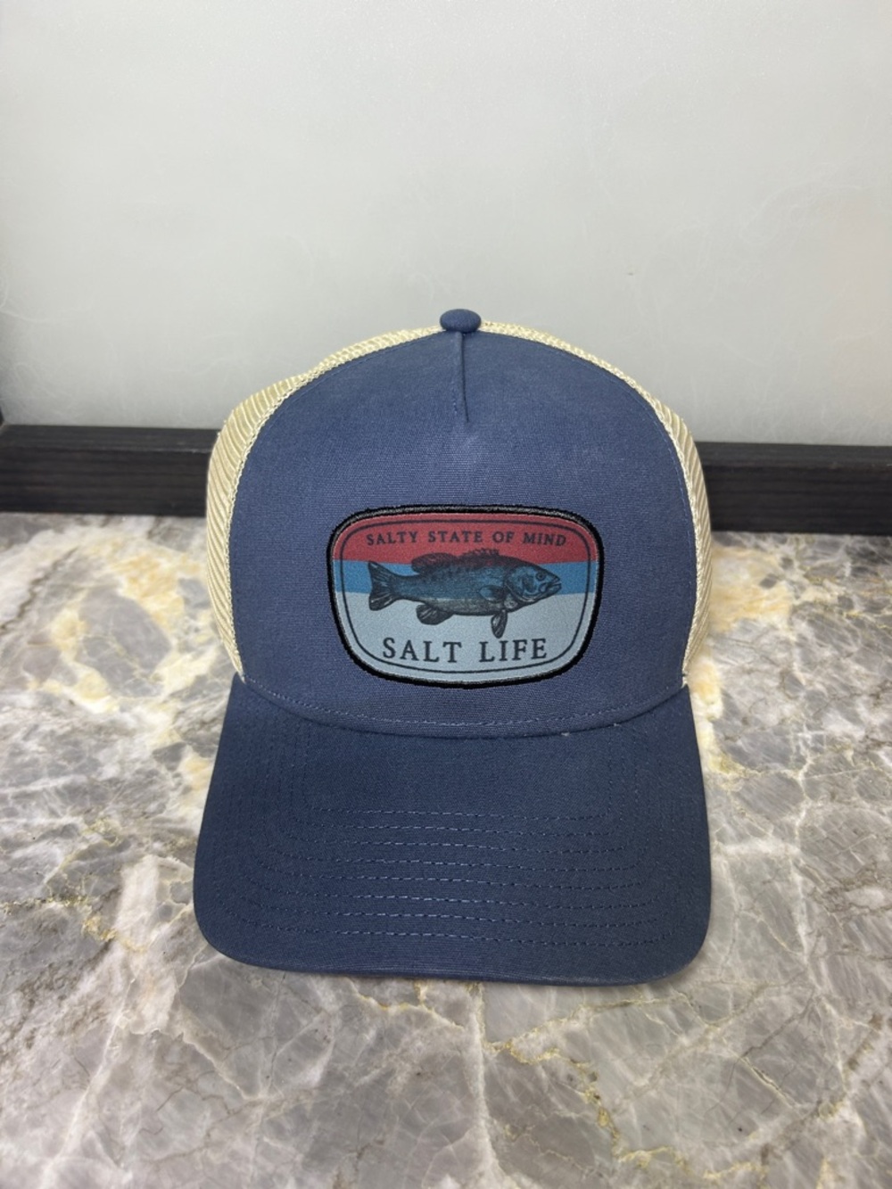 Salt Life Navy and Cream Mesh Trucker Hat with Fish Patch